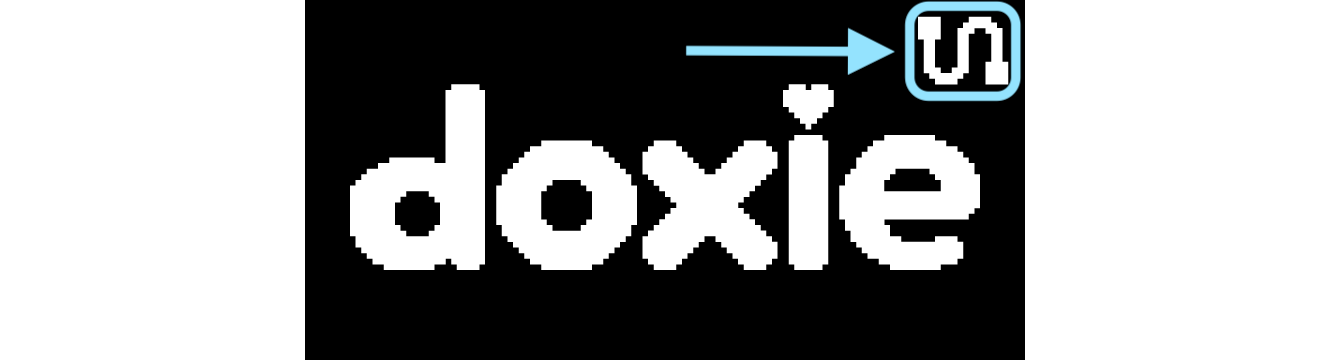 A solid black box with D-O-X-I-E in white, lowercase writing, and a white squiggle in the top corner. The squiggle is boxed in light blue.