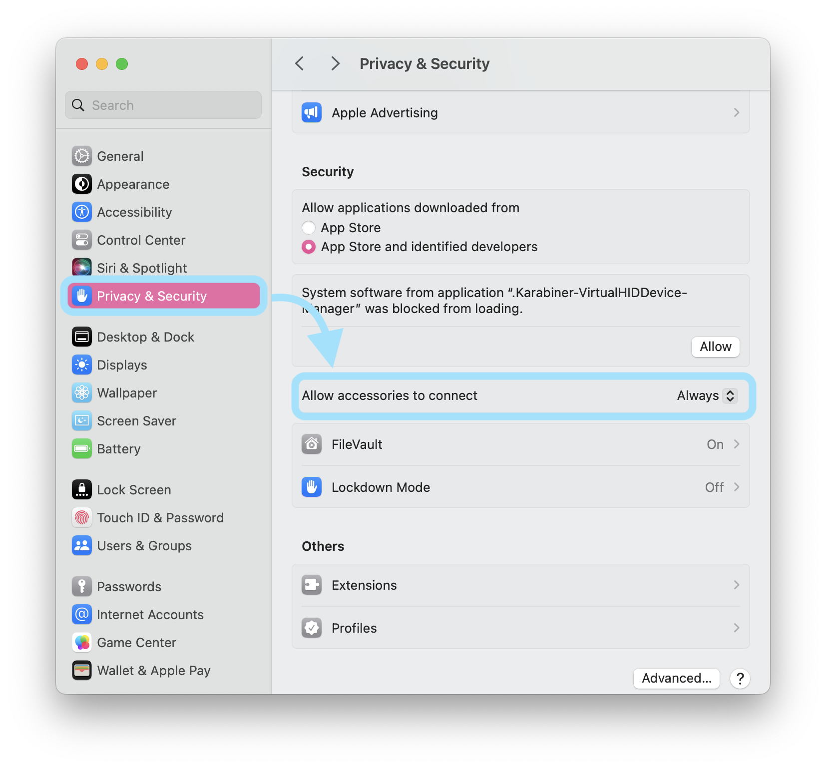 A gray box displaying various Privacy and Security settings for a computer running macOS. Privacy & Security is selected and boxed in light blue, as is an option called 'Allow accessories to connect'. Allow accessories to connect is set to Always.