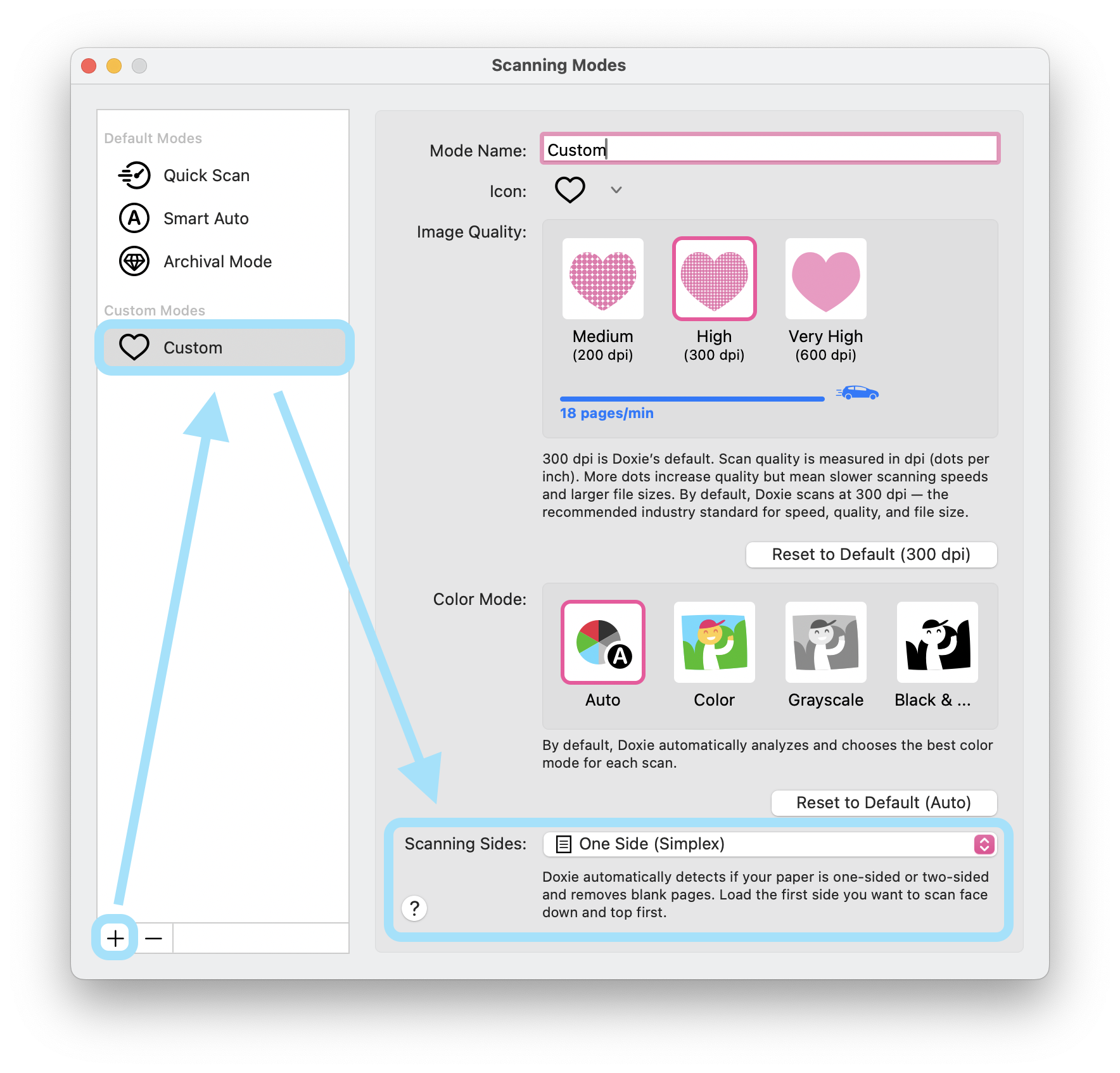A light gray window with blue boxes around a plus sign, a listing titled custom, and a setting specific to scanning sides. One Side Simplex is selected. Blue arrows point from the plus sign, to the listing, to the scanning sides setting.