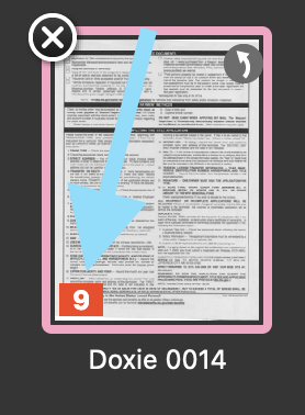 A thumbnail of a scanned document with a pink box around it. A light blue arrow is pointing to a red box with the number nine in it, indicating that there are nine scans in the stack.