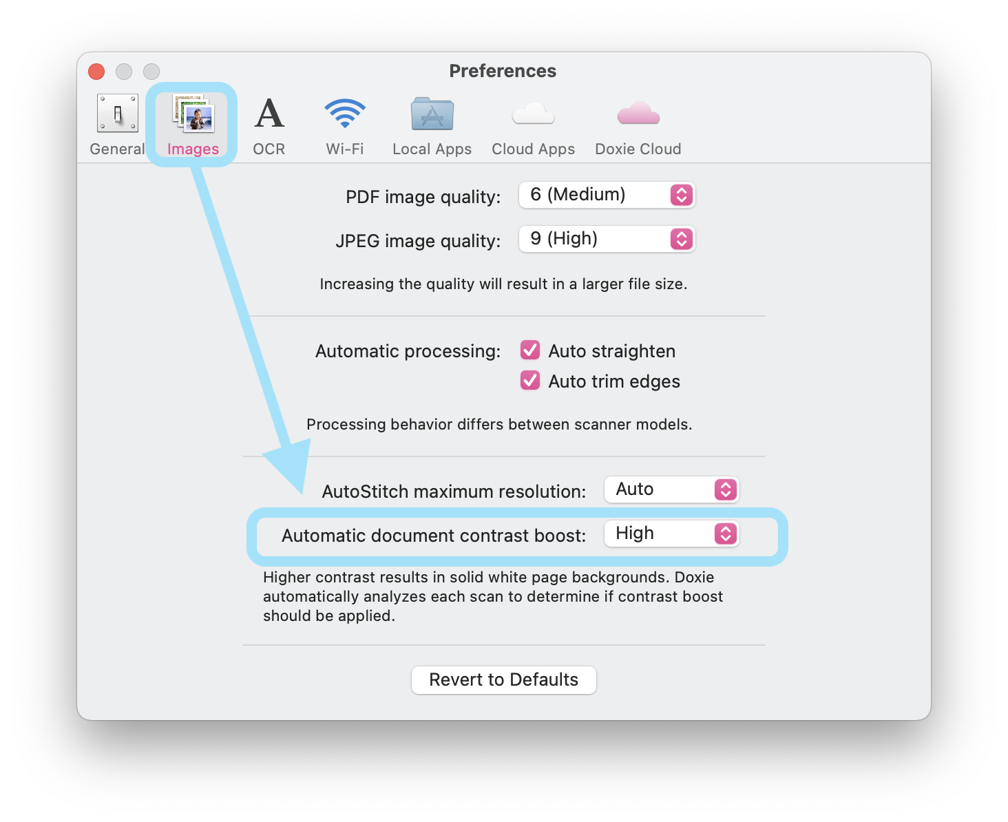 A light gray window  with an icon labeled image boxed in light blue. There is a light blue arrow pointing from the image icon to a setting labeled automatic contrast boost. Automatic contrast boost is set to high.