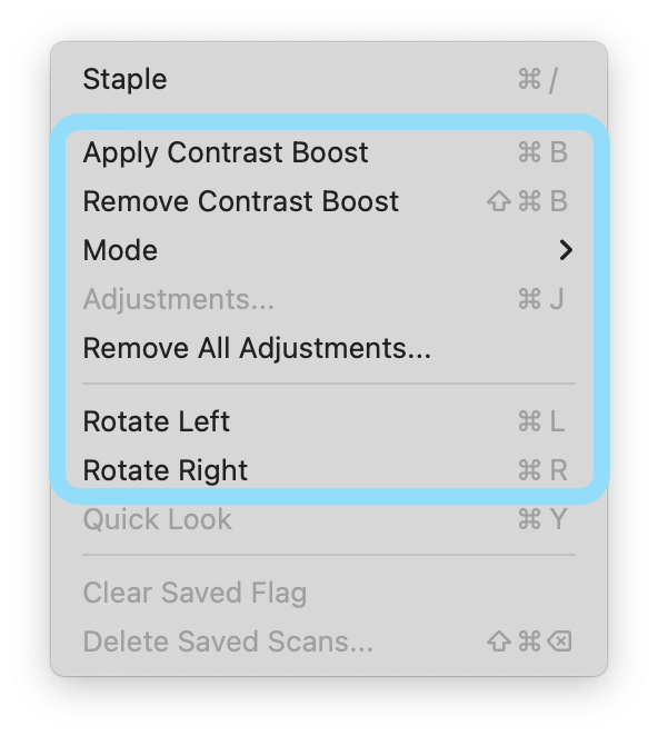 A gray window with the black text. The following options are boxed in light blue: Apply contast boost, remove contrast boost, remove all adjustments, mode, rotate left, rotate right.