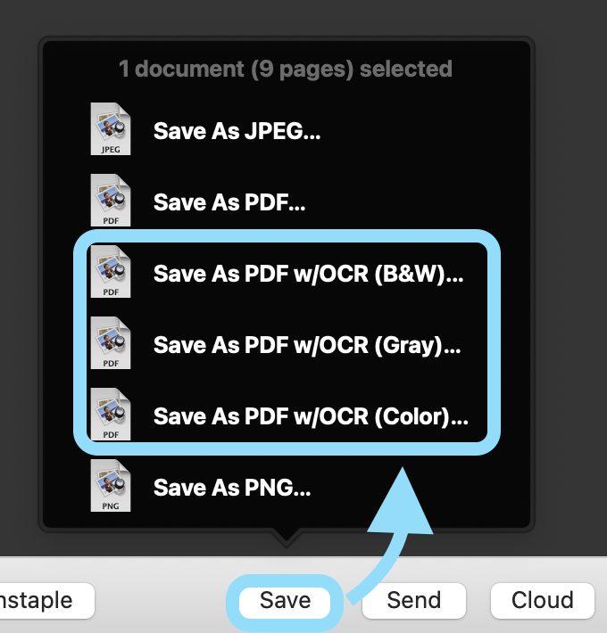 A screenshot of a black box with several file formats listed. All of the options that include Save as PDF with OCR are boxed in light blue.